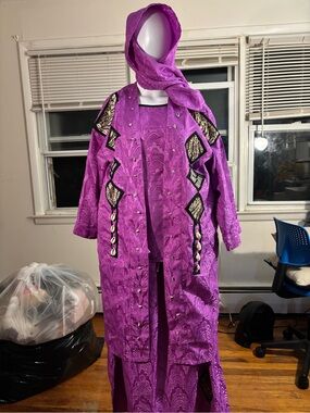 African Essence Women’s Purple Georgette Polyester Kaftan Outfit Set 1X (4pieces